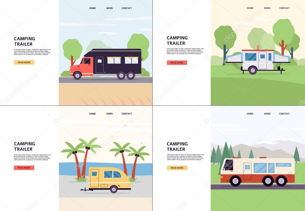 Set of vector flat landing page templates with camping trailers.