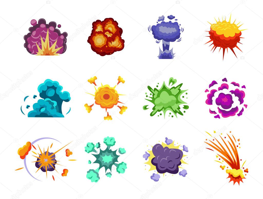 Vector set of colorful cartoon explosive bombs effects, atomic, cosmic explodes.