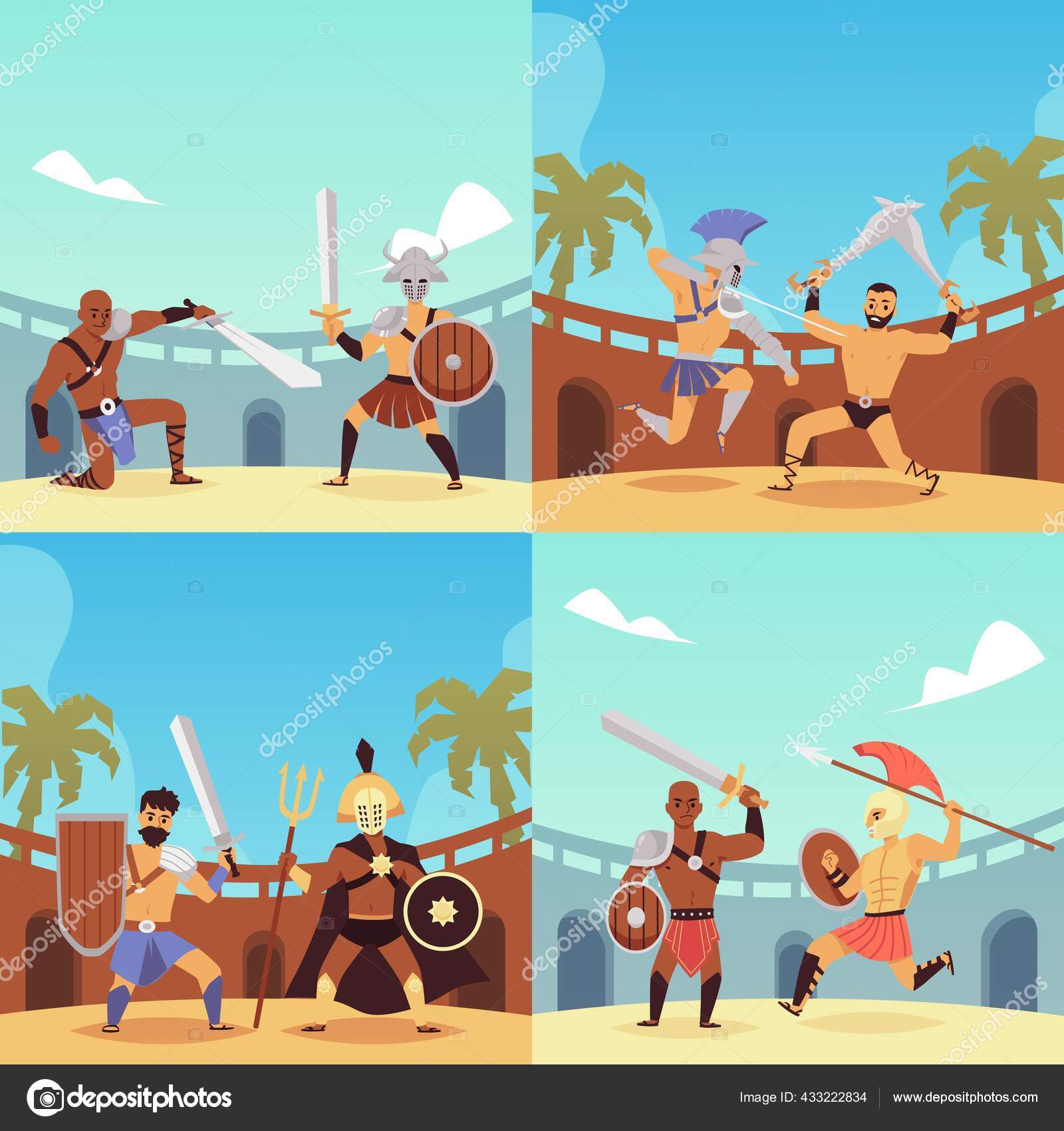 Set Of Scenes Fights Of Ancient Gladiators, Legionary, Spartan.