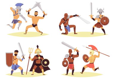 Ancient gladiator cartoon characters fighting, flat vector illustration isolated. clipart