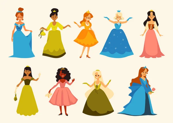 Διάνυσμα σύνολο χαρακτήρων νεράιδα πριγκίπισσες ή κορίτσια σε βασιλικά φορέματα και κορώνες. — Διανυσματικό Αρχείο