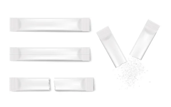 Set modello bianco stick pack mockup - pacchetti realistici di zucchero bianco — Vettoriale Stock