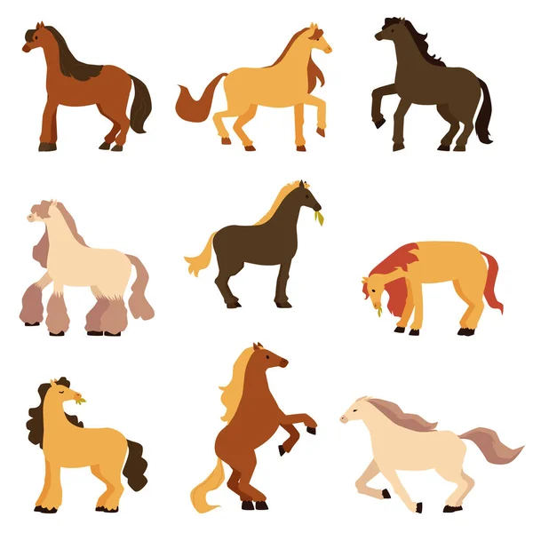 Set of pony horses of different color in motion a vector isolated illustrations. — Stock Vector