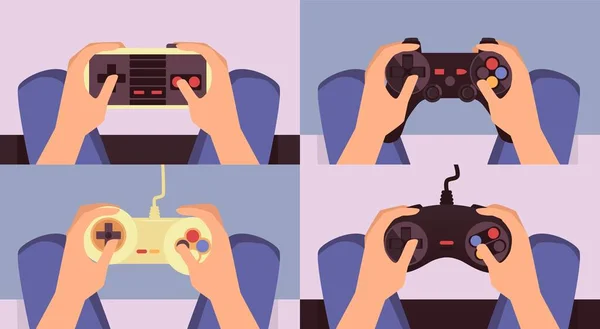 Manos sosteniendo joystick para jugar videojuegos - conjunto de dibujos animados — Archivo Imágenes Vectoriales