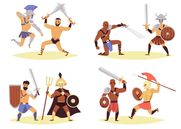 Antike Gladiator-Cartoon-Figuren kämpfen, flache Vektorillustration isoliert. — Stockvektor