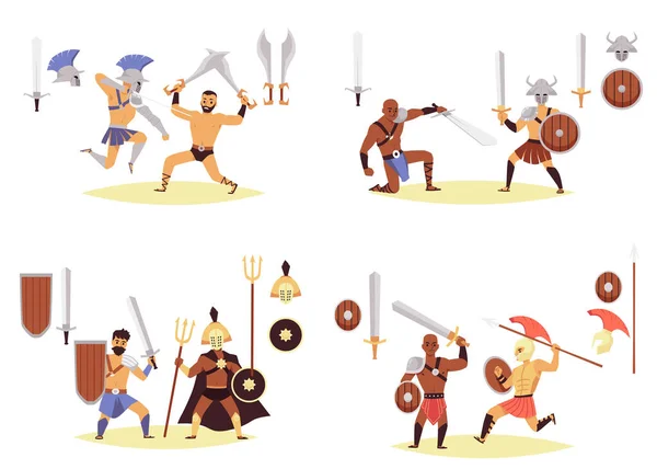 Conjunto de escenas de batalla de gladiadores y legionarios del imperio romano — Archivo Imágenes Vectoriales