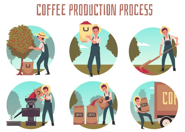 Kaffeeproduktion und Ernteprozess setzen flache Vektorabbildung isoliert. — Stockvektor