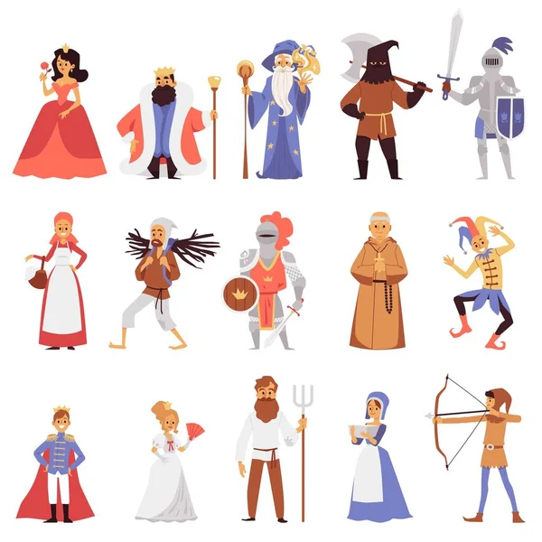 Ensemble de nobles et citoyens de la ville médiévale, illustration vectorielle plate isolée. — Image vectorielle