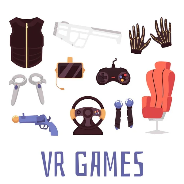 Conjunto de equipos y dispositivos para juegos VR ilustración vectorial plana aislada. — Archivo Imágenes Vectoriales