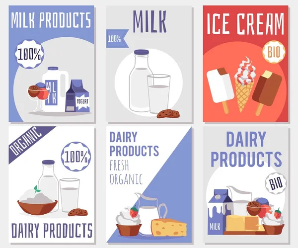 Conjunto de pancartas para promover la ilustración de vectores planos de productos lácteos y crema. — Archivo Imágenes Vectoriales