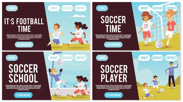 Ange web banners med barn spela fotboll eller fotboll, platt vektor illustration. — Stock vektor