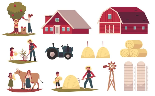 Conjunto vetorial de elementos infográficos agrícolas da família de agricultores no trabalho. — Vetor de Stock