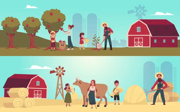 Dois banners horizontais coloridos de vetores planos com a família de agricultores no trabalho. —  Vetores de Stock