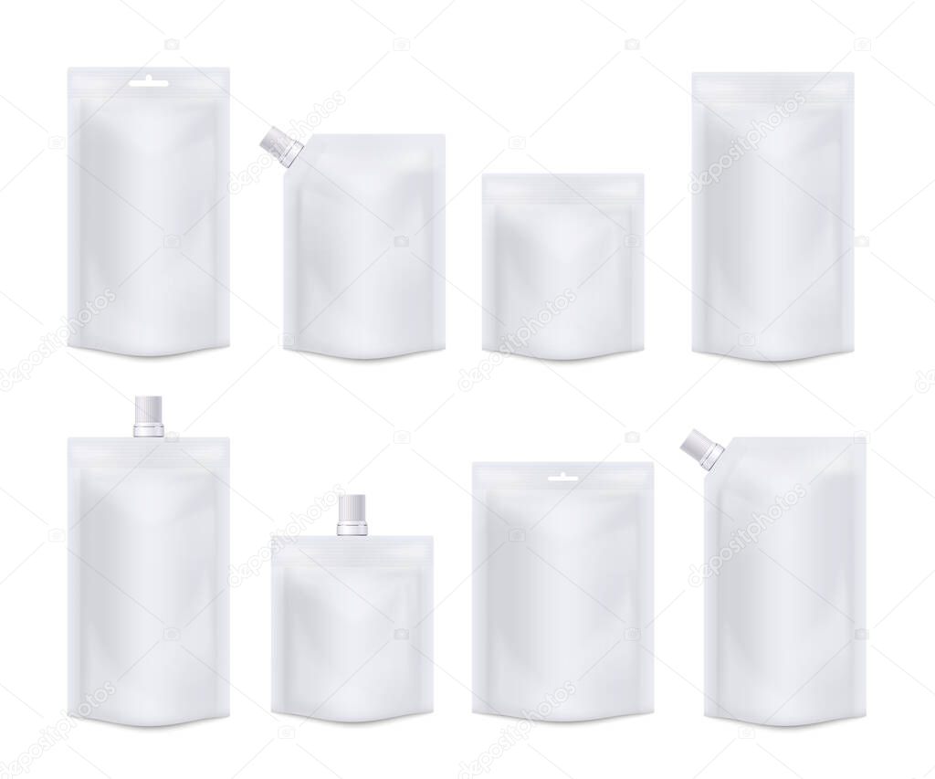 Vector templates of white blank realistic pouches from foil, food containers
