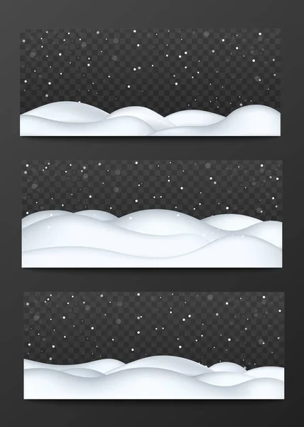 Definir modelos de colinas de neve com flocos de neve caindo, ilustração vetorial isolado. — Vetor de Stock