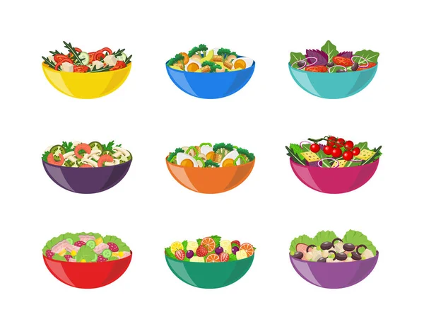 Las ensaladas en los platos el juego con los ingredientes diferentes el vector las ilustraciones aisladas — Vector de stock