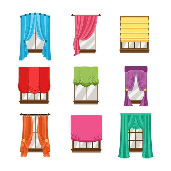 Colección de persianas de ventana, cortinas, cortinas y sombras un vector ilustraciones — Vector de stock