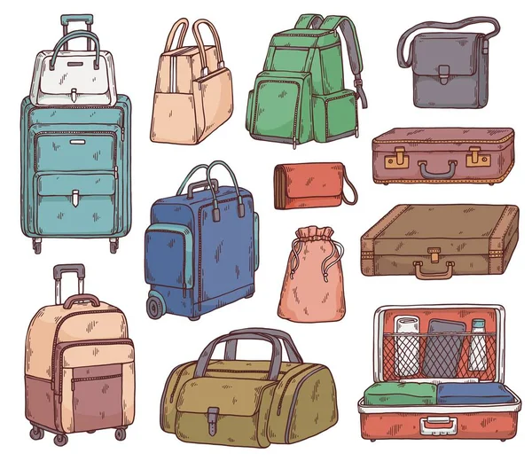 Bosquejo conjunto de maletas dibujadas a mano y bolsas de viaje vector ilustración aislado. — Archivo Imágenes Vectoriales