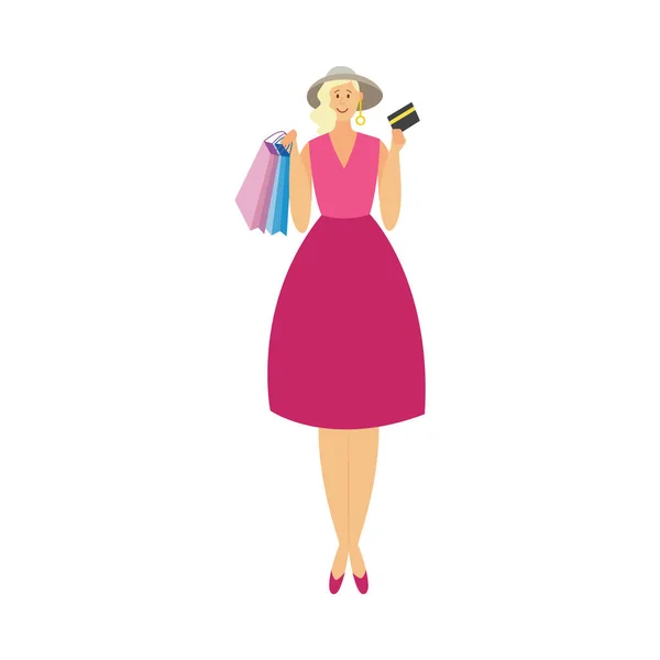 Rico personaje de mujer de moda va de compras ilustración vector plano aislado. — Vector de stock