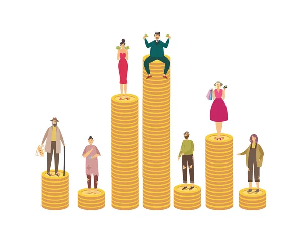 Poor and rich people on stacks of coins flat vector illustration isolated. — Stock Vector