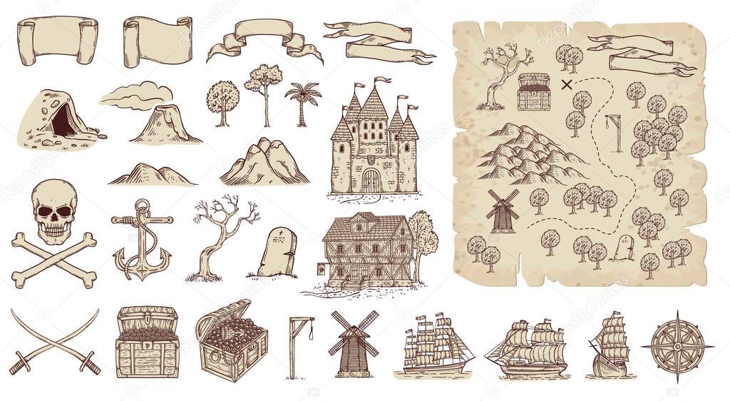 Pirates island Treasure Map set in engraved style vector illustration isolated.
