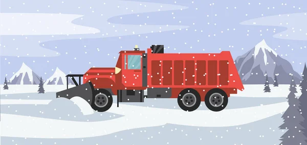 Κόκκινο φορτηγό εκχιονιστικό καθαρίζει χιονισμένο δρόμο σε χιονόπτωση ένα διάνυσμα εικονογράφηση — Διανυσματικό Αρχείο
