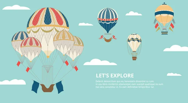 空にカラフルな熱気球とバナーベクターイラスト — ストックベクタ