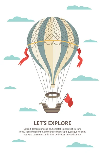 Onboarding pagina met heteluchtballon tussen wolken vlakke vector illustratie. — Stockvector