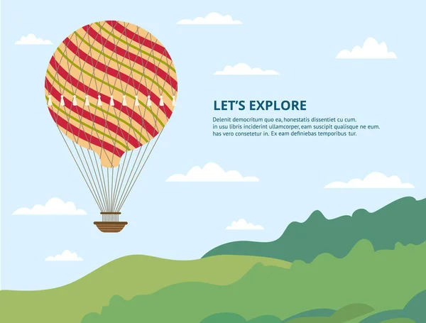 Varmluftsballong flyger på himlen över sommaren natur - tecknad banner — Stock vektor