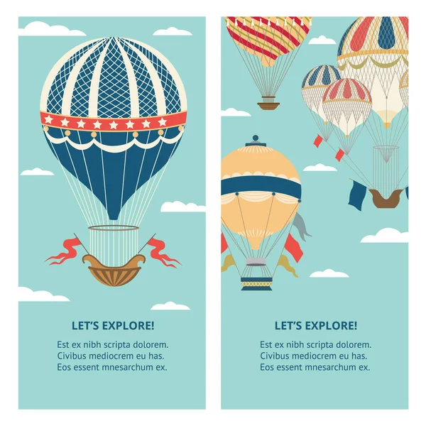 Explorar y banderas de viaje conjunto con globos de aire caliente ilustración vector plano. — Archivo Imágenes Vectoriales