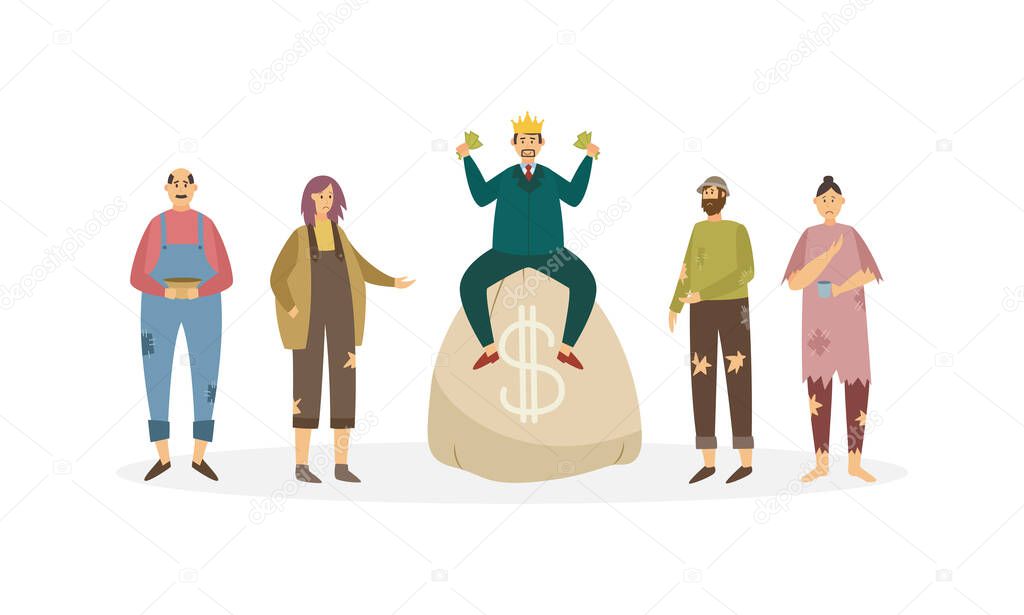 Rich man with huge money bag near a begging poor people a vector illustration