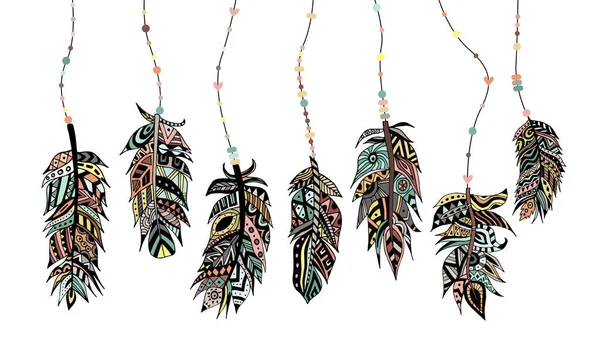 Набор красивых цветных индейских перьев с бусами векторная иллюстрация. — стоковый вектор