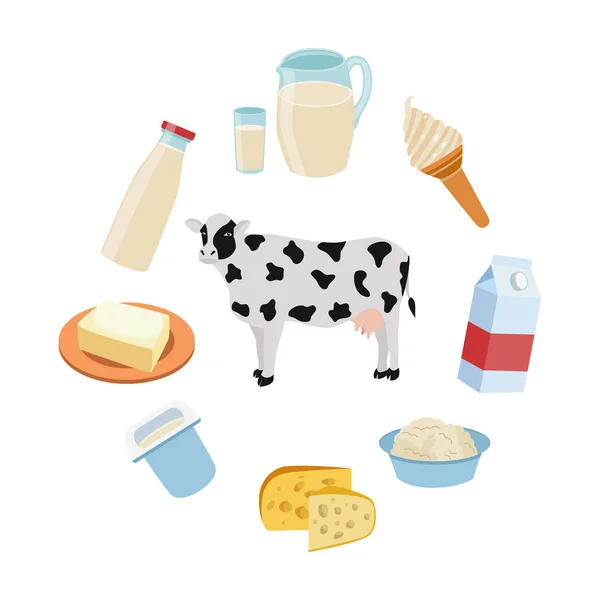 Kráva dobytek obklopen mléčných výrobků ploché vektorové ilustrace izolované. — Stockový vektor