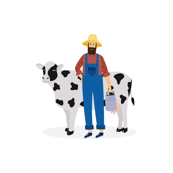 Hombre agricultor en uniforme cerca de la vaca con cubo para la leche un vector ilustración — Vector de stock