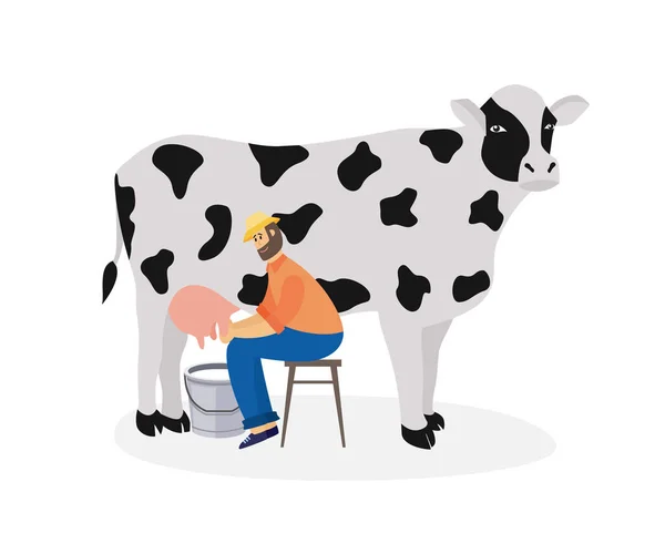 Homme agriculteur assis sur une chaise et traire une vache dans un seau une illustration vectorielle — Image vectorielle