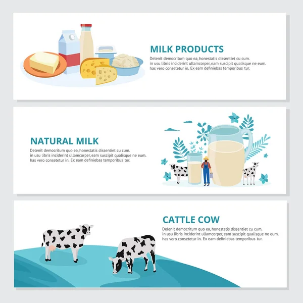 Conjunto de pancartas para la leche de vaca y los productos lácteos de granja ilustración vector plano. — Vector de stock