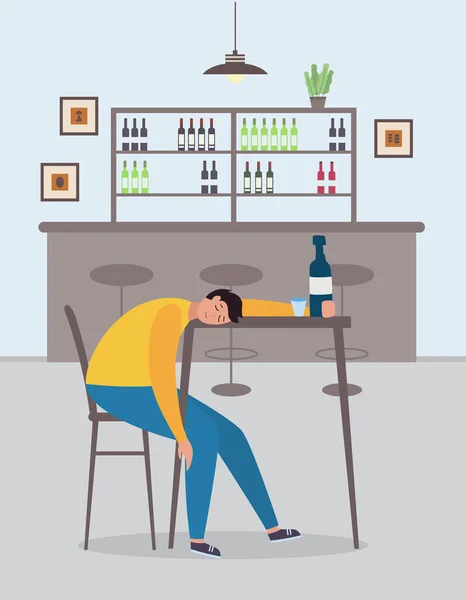 Pijany człowiek postać z kreskówki śpi w barze płaski wektor ilustracji. — Wektor stockowy