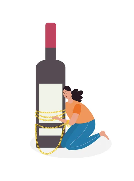 Mulher com dependência de álcool amarrado a garrafa de vinho com corrente. —  Vetores de Stock