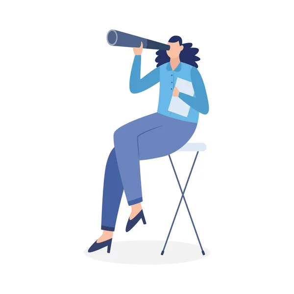 Obchodní žena sedí na židli a podívat se do dalekohledu vektor izolované ilustrace. — Stockový vektor