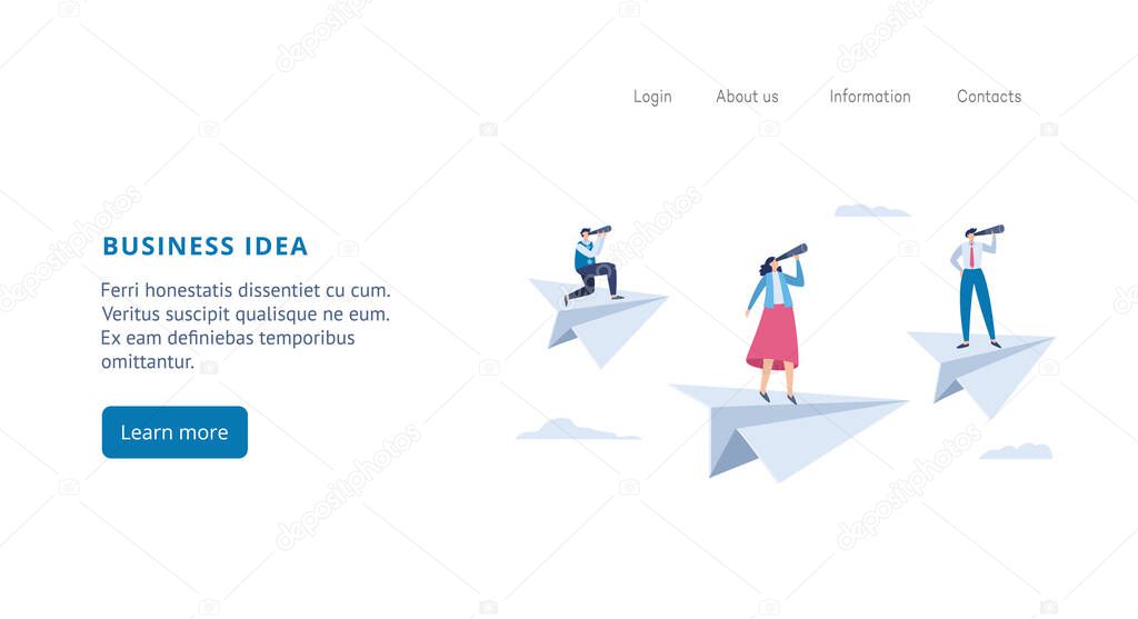 Vector landing page template with business people with spyglasses on paper planes