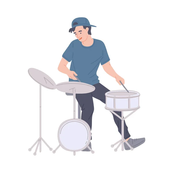 음악가 드러머가 악기 드럼 키트를 벡터 삽화로 연주하는 모습. — 스톡 벡터
