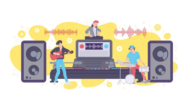 Muziek industrie, een technologie en muziek streaming online een vector illustratie — Stockvector