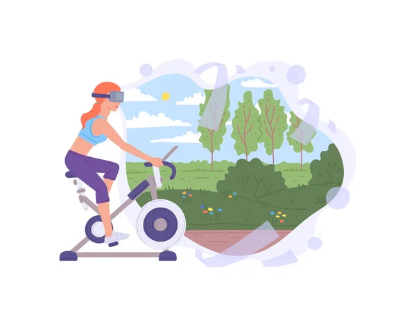 Γυναίκα σε γυαλιά VR τρένα με ποδήλατο άσκησης στο σπίτι μια διανυσματική απεικόνιση — Διανυσματικό Αρχείο