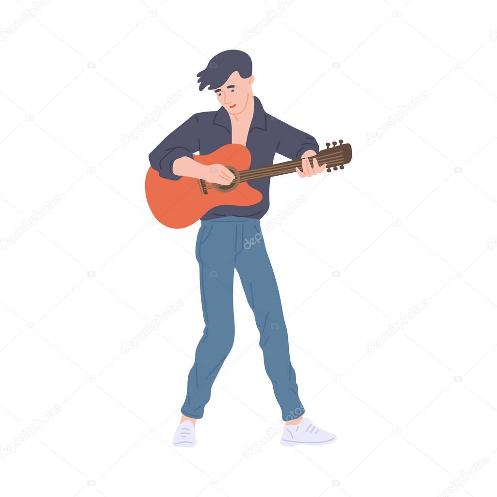 Vector isolated illustration of guitarist playing on acoustic guitar.