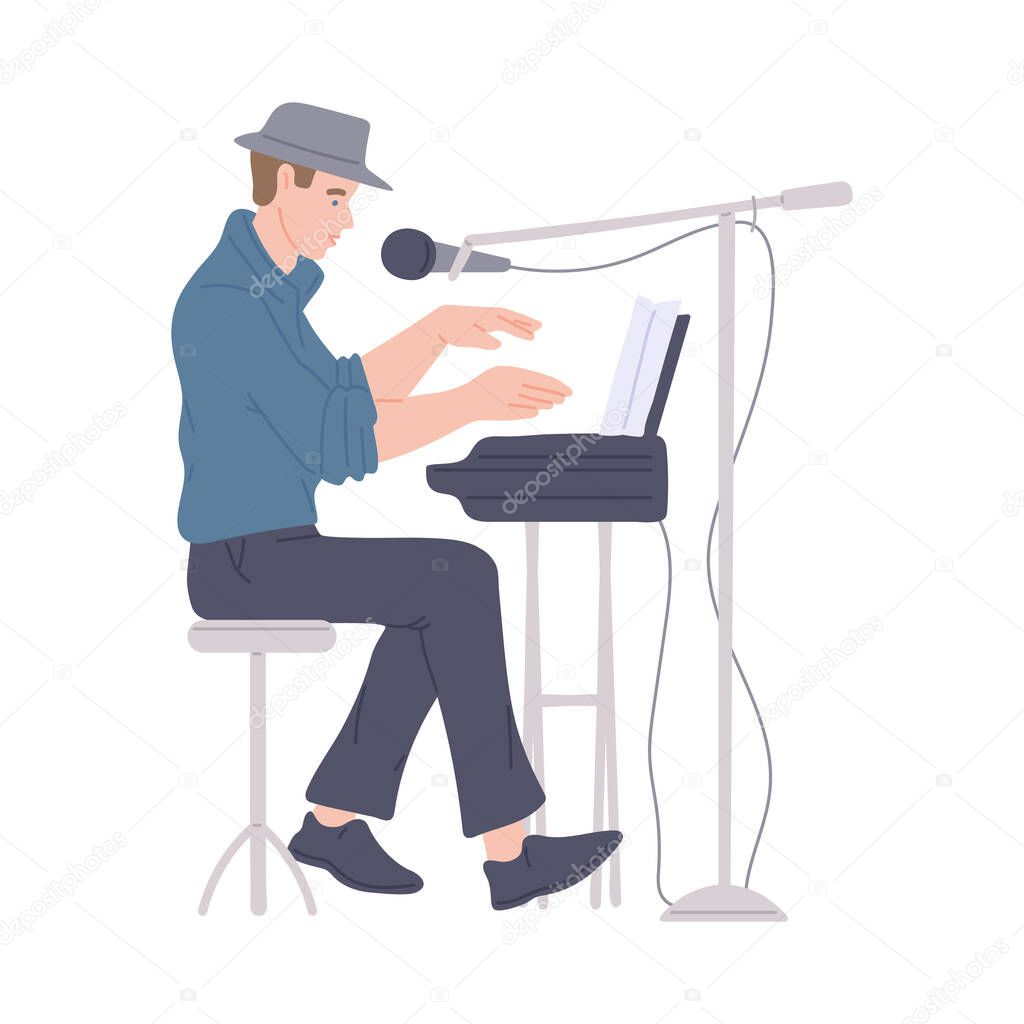 Musician plays electronic music synthesizer flat vector illustration isolated.