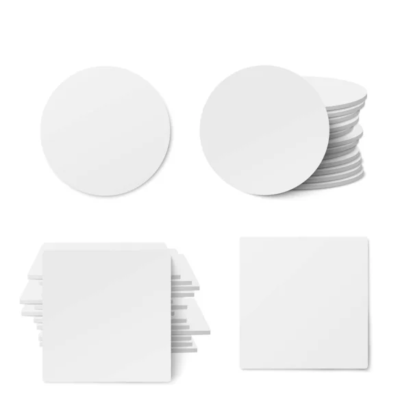Coasters mesa redonda e quadrada isolados em fundo branco, ilustração vetorial —  Vetores de Stock