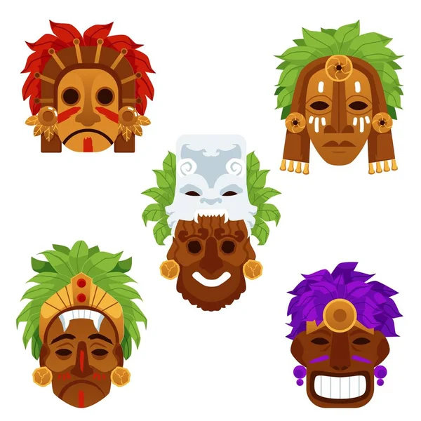 Set van Maya rituele houten masker in de vorm van mannen gezicht, vector illustratie geïsoleerd. — Stockvector