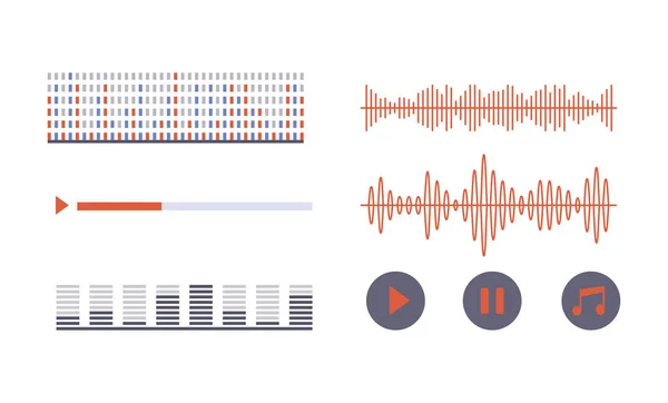 Ecualizador de música onda de sonido y reproductor conjunto de botones de aplicación — Vector de stock