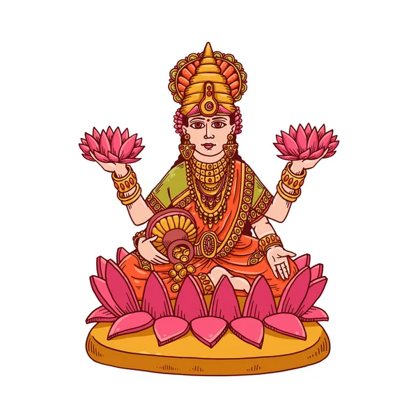 Istennő maa lakshmi a pot arany érmék és lótuszvirág egy vektor illusztráció. — Stock Vector