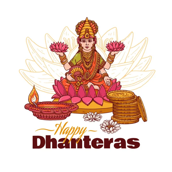 Biglietto festivo vettoriale per la celebrazione religiosa Happy Dhanteras Diwali — Vettoriale Stock